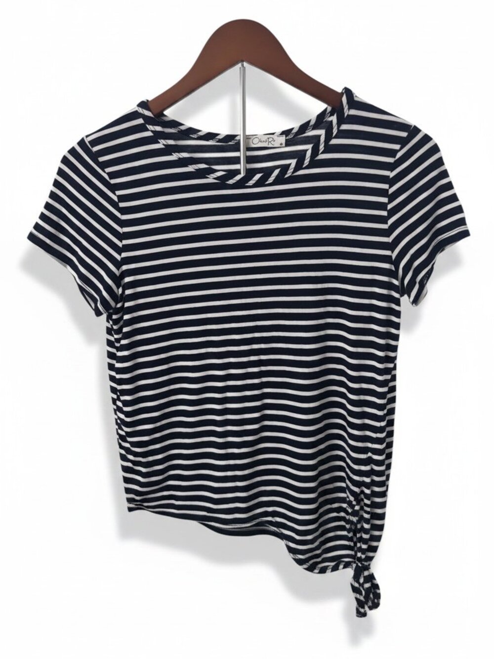 Olivia Rae Navy & White Striped Knot‑Front Tee – M